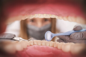 woman dentist examines teeth with dental mirror and set of instruments, tweezers. Portrait close-up view of doctor through patient's teeth, open mouth.Inside vew open mouth through teeth  © illustrissima