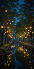 Fototapeta premium Serene night scene with illuminated trees reflecting on water.