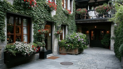 Fototapeta premium Charming countryside inn with ivy-covered walls quaint courtyard picturesque setting rustic vibes scenic viewpoint