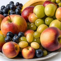 fruit plate on a white background with apples bananas peaches grapes