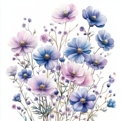 Delicate Blooming Flowers in Soft Pastel Shades on White Background