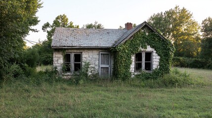 Obraz premium Nature reclaims abandoned stone cottage surrounded by ivy rural landscape daylight serenity