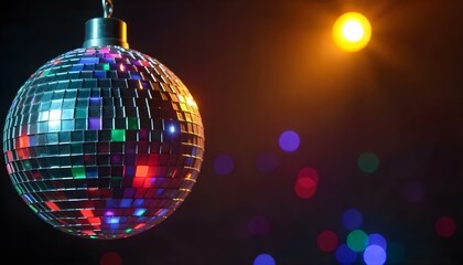 Obraz premium Colorful Reflective Disco Ball Illuminated by Multicolored Lights and Spotlight Glow