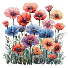 Vibrant Watercolor Poppy Flowers in Various Colors with Greenery
