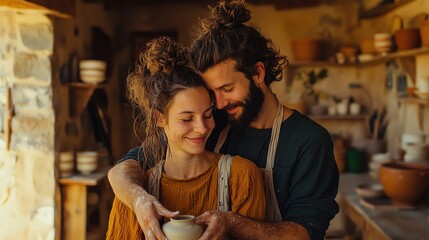 A young couple enjoying pottery-making in a rustic workshop, their hands covered in clay as they shape a vase together