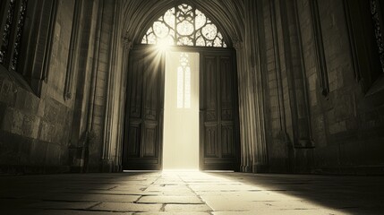 Fototapeta premium An elegant entrance with sunlight streaming through, creating a serene atmosphere in a grand architectural setting.