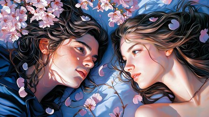 Obraz premium A young couple lying on a picnic blanket under blooming cherry blossoms, gazing up at the pink petals drifting in the breeze