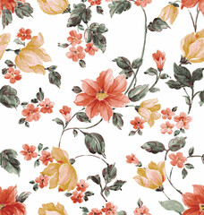 Seamless spring vector pattern with floral motif. hand painted pink botanical flower with small flower arrangements. repeating print for fabric, wallpaper, fashion print.