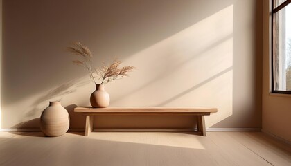 Empty Beige Wall Mockup in Minimalist Interior with Wooden Bench and a Ceramic Vase. Natural Daylight From a Window. Promotion Background.