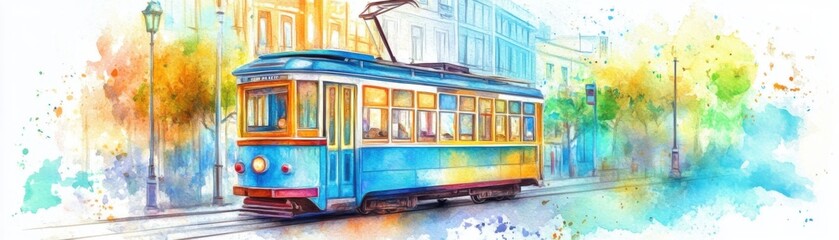 Naklejka premium A vibrant watercolor illustration of a classic streetcar traveling through a colorful urban landscape.