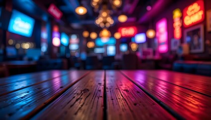 A close-up shot of a wooden table with a blurred bokeh background, featuring neon lights and a dark interior setting