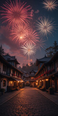 Fototapeta premium Fireworks illuminate a quaint street lined with traditional buildings.