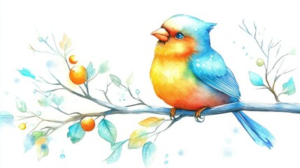 Obraz premium A vibrant watercolor painting of a colorful bird perched on a branch, showcasing a blend of bright colors in nature.