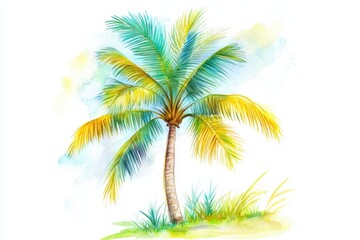 Obraz premium A vibrant watercolor painting of a palm tree, showcasing its lush green leaves and tropical essence, perfect for nature lovers.