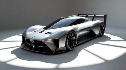 Futuristic Silver Race Car Design Concept: Sleek, aerodynamic lines and cutting-edge technology.