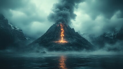 Erupting volcano spewing lava into dark sky over misty lake.