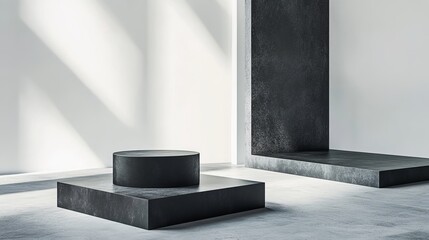 An empty product display with minimal geometric shapes: two square platforms and a round pedestal in black. 