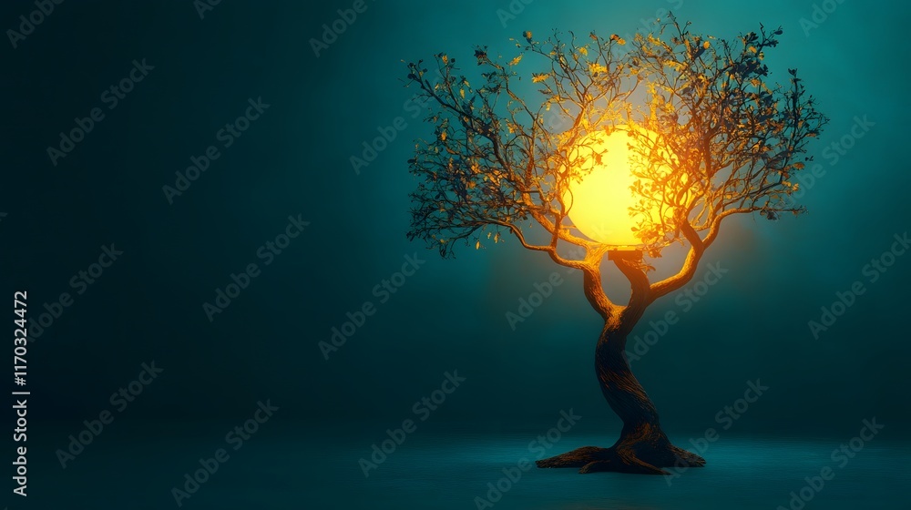Poster glowing orb within a twisted tree of autumn leaves