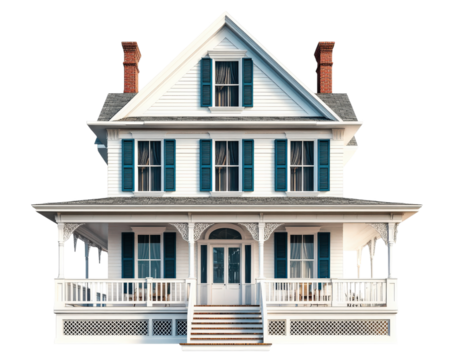 colonial style house with white walls and blue shutters, featuring charming porch and intricate details. This inviting home exudes warmth and character