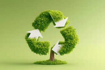A green, stylized tree shaped like a recycling symbol, representing sustainability and eco-friendliness against a soft green background.