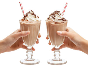 Sharing delicious milkshake with two straws, topped with whipped cream and chocolate drizzle, creates joyful moment. Perfect for couples or friends enjoying sweet treat together