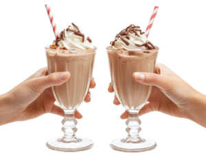 Sharing delicious milkshake with two straws, topped with whipped cream and chocolate drizzle, creates joyful moment. Perfect for couples or friends enjoying sweet treat together