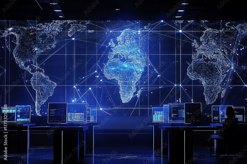 Poster global network: illuminated world map with computer stations
