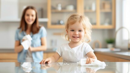 A cheerful child helps clean a kitchen countertop, while an adult supervises, creating a warm and nurturing home environment.