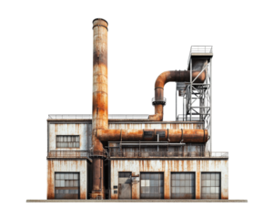 large industrial factory building featuring rusted metal pipes and weathered exterior. structure showcases industrial design with combination of metal and concrete elements, evoking sense of age