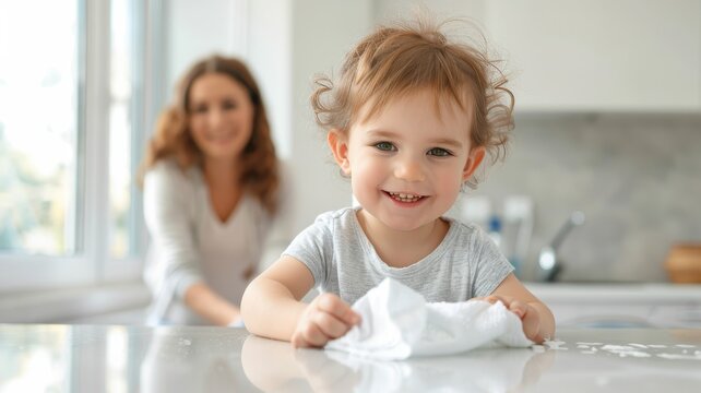 A cheerful child smiles while playing with a tissue in a bright kitchen, with an adult figure in the background.