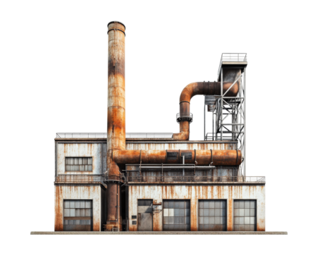 large industrial factory building featuring rusted metal pipes and weathered exterior. structure showcases industrial design with combination of metal and concrete elements, evoking sense of age