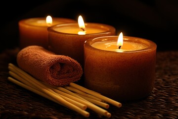 Three lit candles with a soothing ambiance, accompanied by a small towel and wooden sticks, create a calming and relaxing atmosphere.