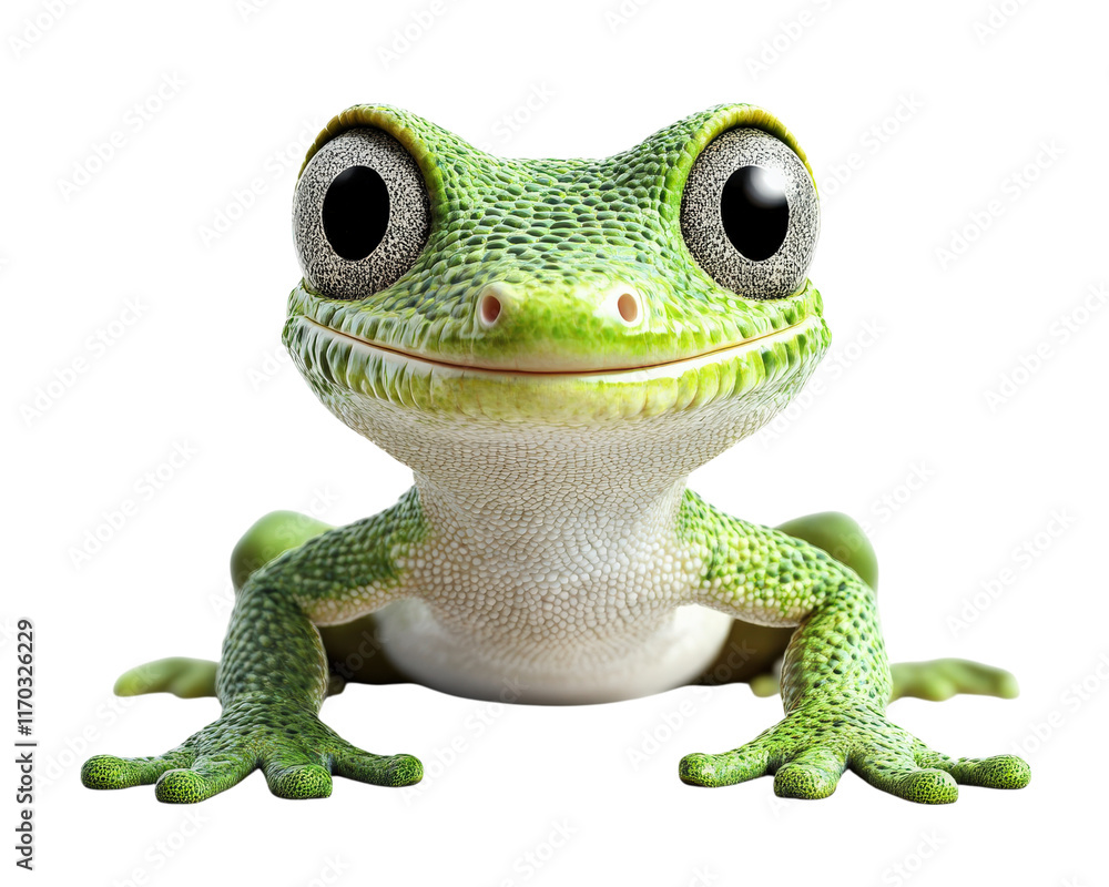 Poster realistic green gecko with large eyes, isolated transparency background, showcasing its vibrant colo