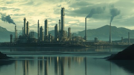 Fototapeta premium A compact oil refinery near a river, with pipelines extending across the water and reflections shimmering on the surface.