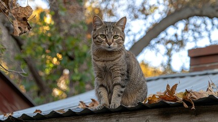 Tabby cat sitting on a roof in autumn.