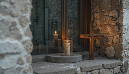 A serene display of candles and a wooden cross by a stone wall.