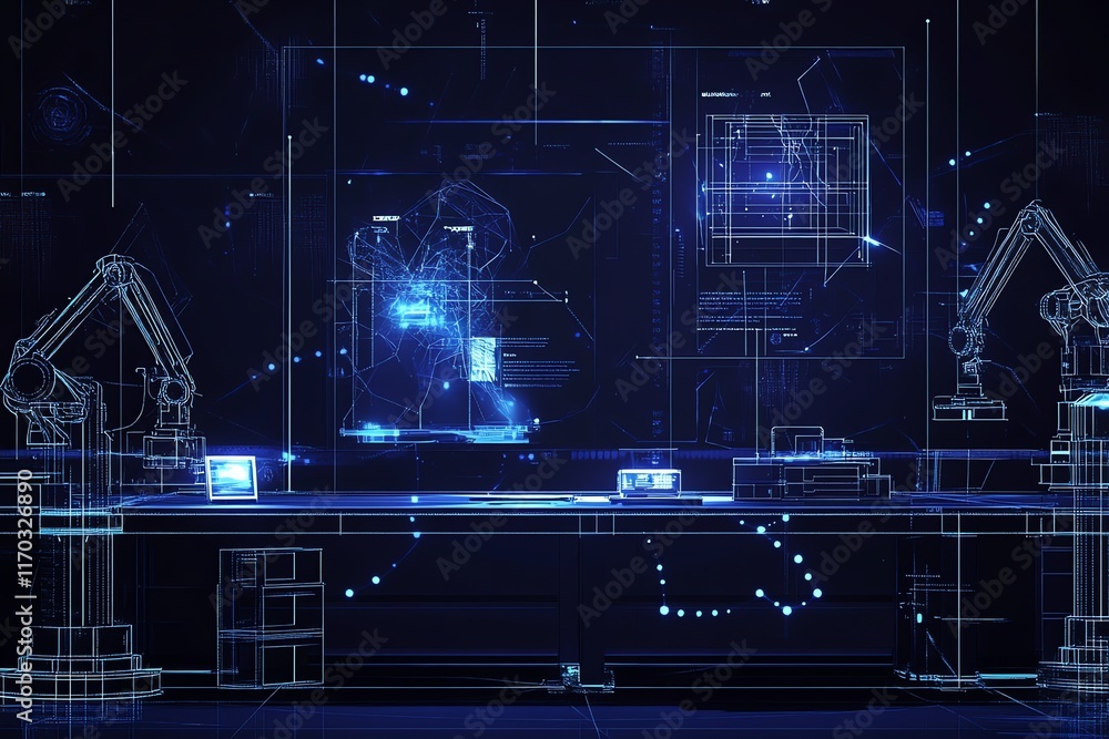 Poster cybernetic lab: wireframe robots and digital interfaces in a futuristic blue
