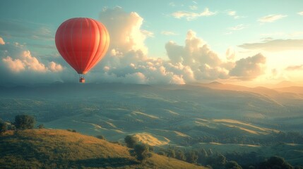 Red hot air balloon soaring over picturesque mountain landscape at sunset.