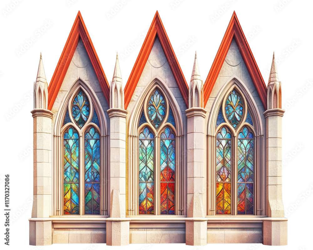 Poster gothic cathedral with pointed arches and vibrant stained glass windows showcases intricate designs a