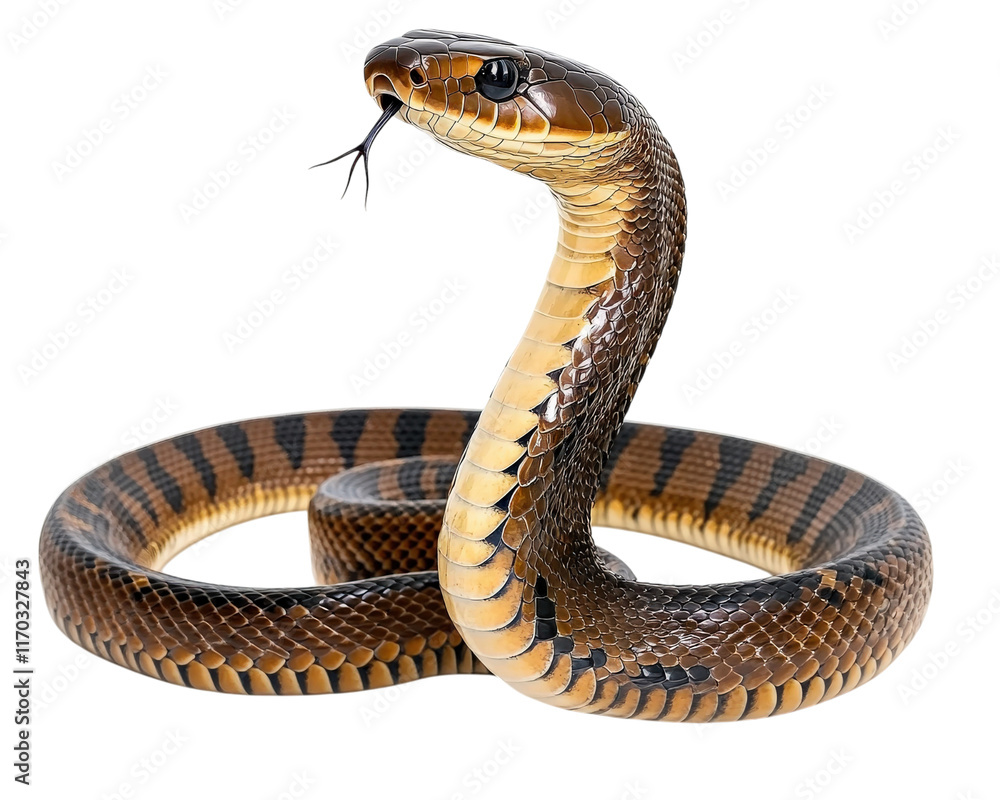 Poster realistic king cobra snake with distinctive patterns and colors, isolated on transparency background