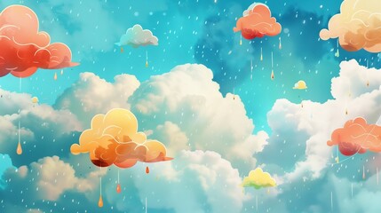 Obraz premium A playful composition of colorful clouds and raindrops in an illustrated dreamy sky.