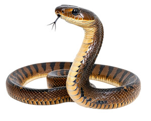 Realistic king cobra snake with distinctive patterns and colors, isolated on transparency background, showcasing its striking features and posture