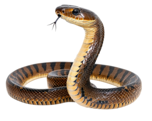 Realistic king cobra snake with distinctive patterns and colors, isolated on transparency background, showcasing its striking features and posture