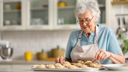 An elderly woman enjoys baking cookies in a bright kitchen, showcasing joy and culinary skills while arranging freshly baked treats on a tray.