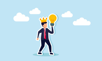 Businessman as king carrying a lit lamp, illustration of leading a company offering innovative products to the business market