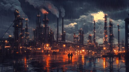 Fototapeta premium A stormy oil refinery scene, with dark clouds overhead, rain falling, and workers navigating the wet, slick industrial site.