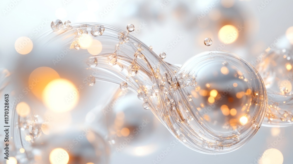 Poster futuristic molecular structure with glowing particles and glossy bubbles on white background with co