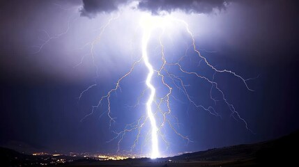 Majestic Lightning Storm Over Cityscape at Night