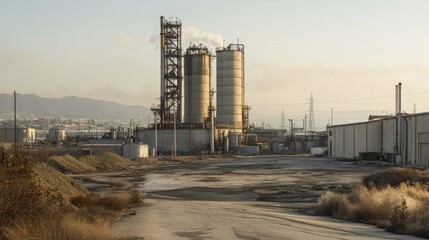Obraz premium An industrial plant next to a landfill, with smog and chemical waste creating a toxic, uninhabitable environment under a gray sky