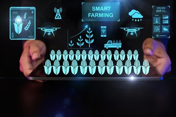 Professional holding a tablet with smart farming AI icons: agricultural technology and IoT AI solutions for precision agriculture, sustainable practices, and AI high-tech farm management.